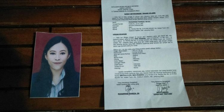 Desi Meirina Hilang Sejak Tiga Hari,  Keluarga Lapor ke Polres Lampura