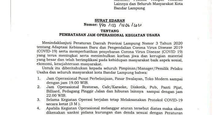 Bandar Lampung Batasi Jam Operasional Pusat Perbelanjaan dan Hiburan