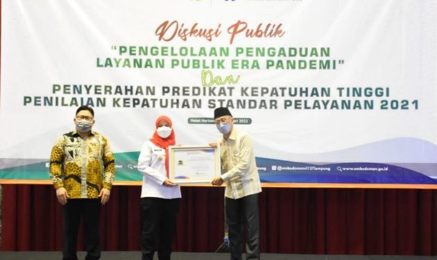 Pemkot Bandar Lampung Raih Penghargaan Kepatuhan Standar Pelayanan dari Ombudsman