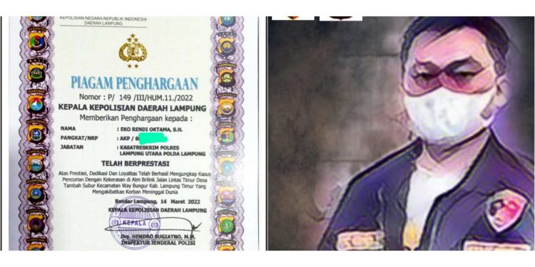 Ungkap Kasus Perampokan ATM Brilink, Kapolda Lampung Beri Penghargaan Kepada AKP Eko Rendi Oktama