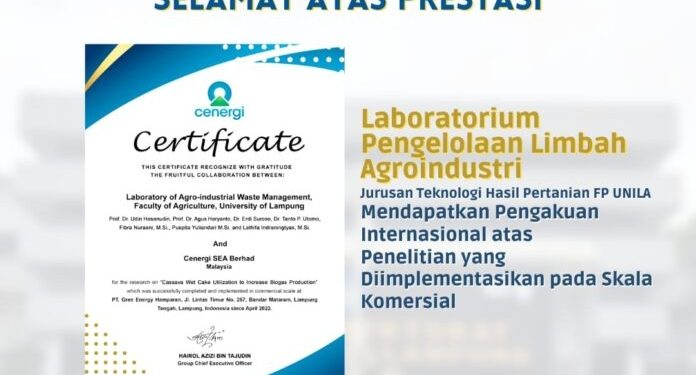 Lab THP Unila Raih Sertifikat Internasional
