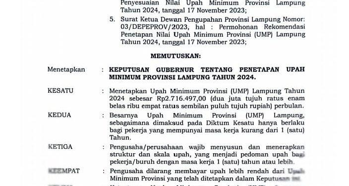 Pemerintah Provinsi Lampung Tetapkan Upah Minimum Tahun 2024, Rp. 2.716.497