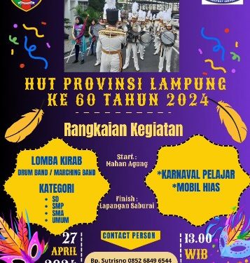 Kirab Drumband dan Mobil Hias Meriahkan HUT Lampung ke-60