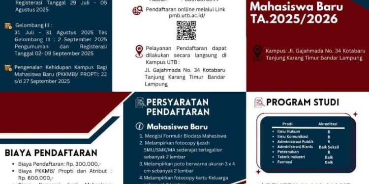 UTB Bandar Lampung Buka Penerimaan Mahasiswa Baru Tahun Akademik 2025/2026
