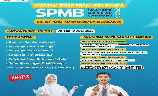 Pemkot Bandar Lampung Buka Pendaftaran SMA Gratis bagi Siswa Tak Mampu, Mulai 9–10 Juli 2025
